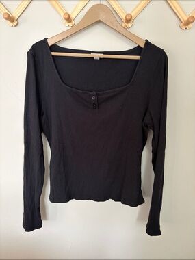 a.n.a Black Ribbed Long-Sleeve Square Neck Top